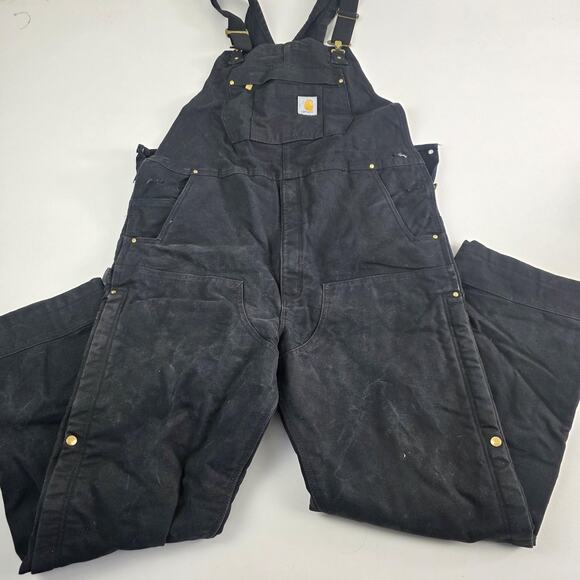 Carhartt Bib Overalls Mens Large Tall Black Insulated Quilt Lined Duck Canvas - Picture 1 of 16